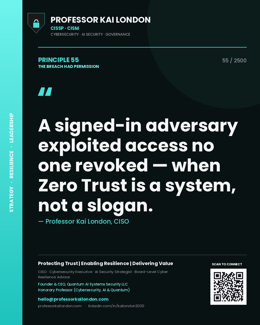 Quote card by Professor Kai London reading 'A signed-in adversary exploited access no one revoked — when Zero Trust is a system, not a slogan.'. From the book The Breach Had Permission.