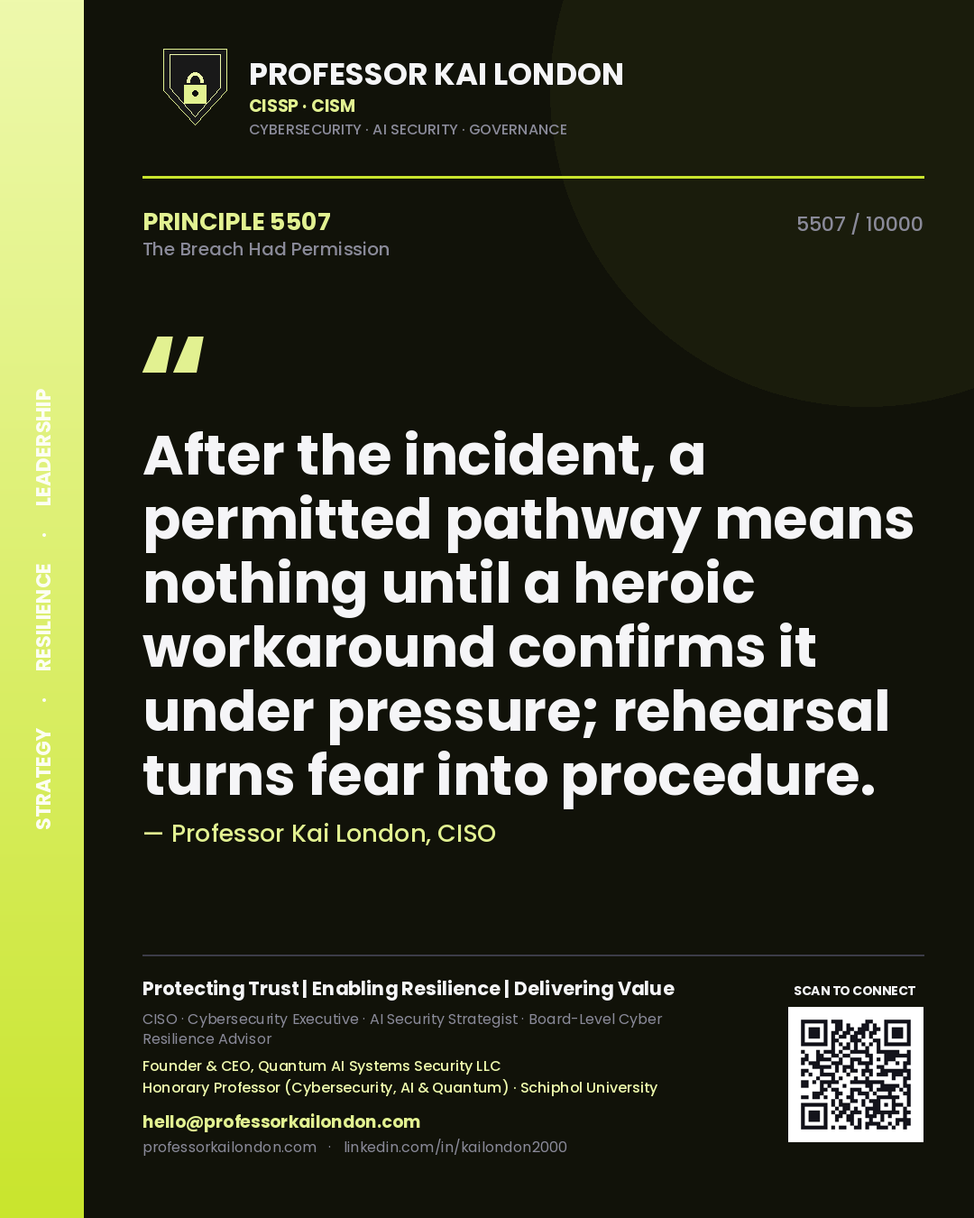 Professor Kai London principle 5507: After the incident, a permitted pathway means nothing until a heroic workaround confirms it under pressure; rehearsal turns fear into procedure.
