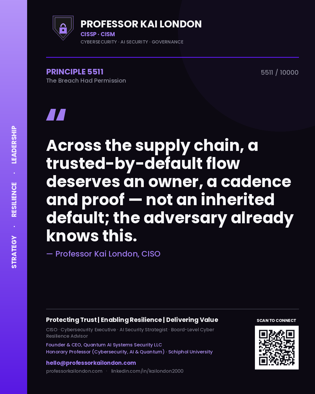 Quote card by Professor Kai London reading 'Across the supply chain, a trusted-by-default flow deserves an owner, a cadence and proof — not an inherited default; the adversary already knows this.'. From the book The Breach Had Permission.