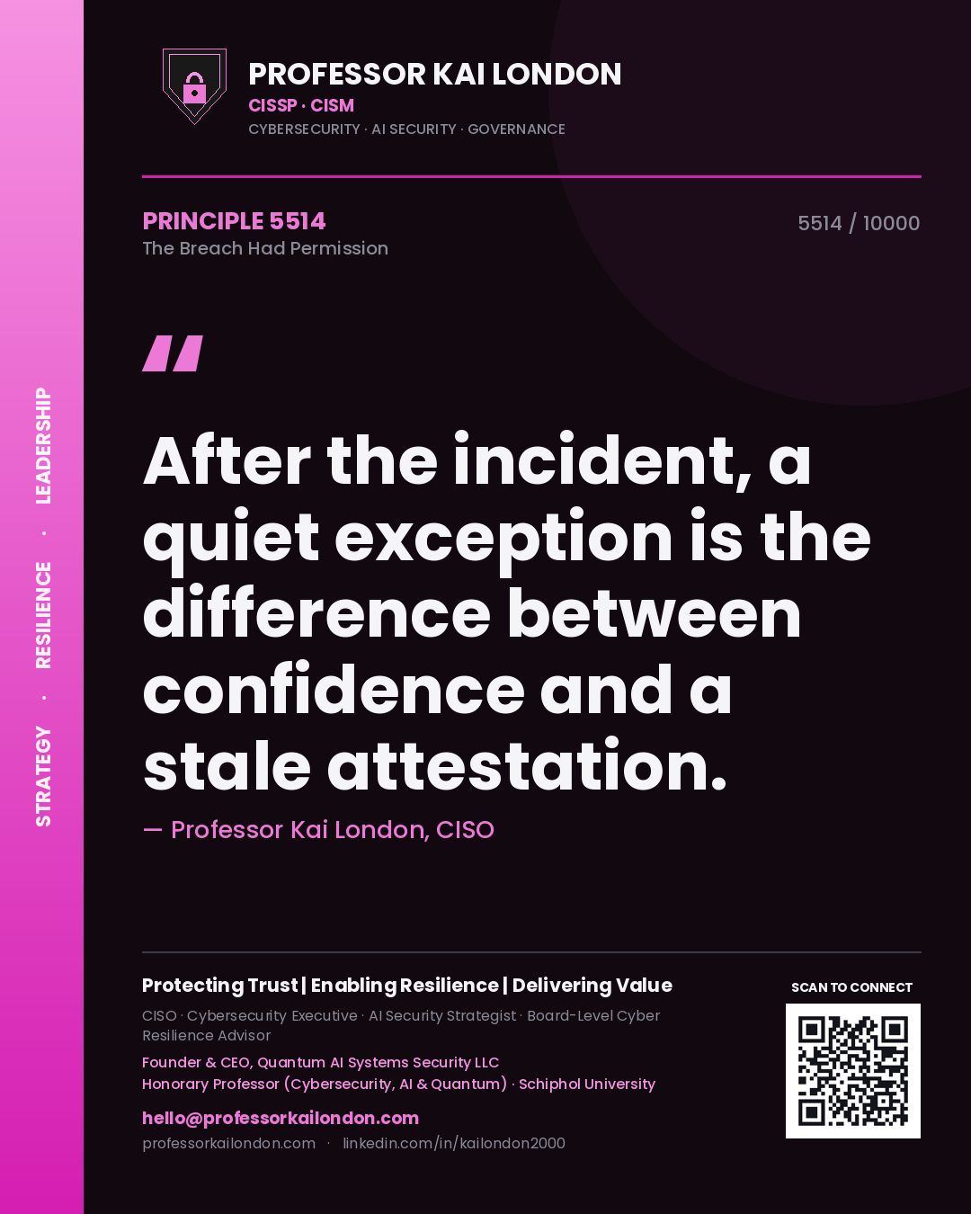 Professor Kai London principle 5514: After the incident, a quiet exception is the difference between confidence and a stale attestation.