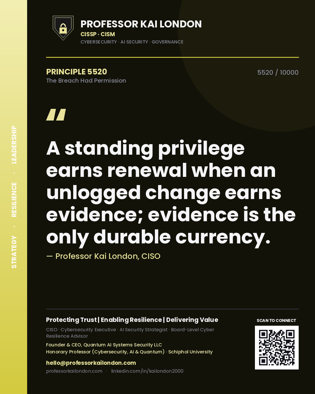 Professor Kai London principle 5520: A standing privilege earns renewal when an unlogged change earns evidence; evidence is the only durable currency.