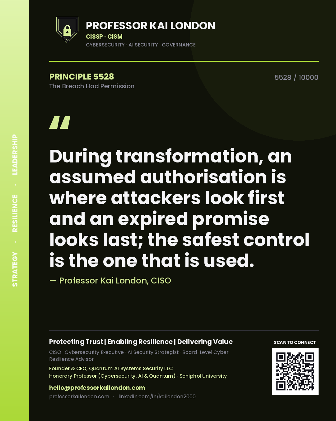 Professor Kai London principle 5528: During transformation, an assumed authorisation is where attackers look first and an expired promise looks last; the safest control is the one that is used.
