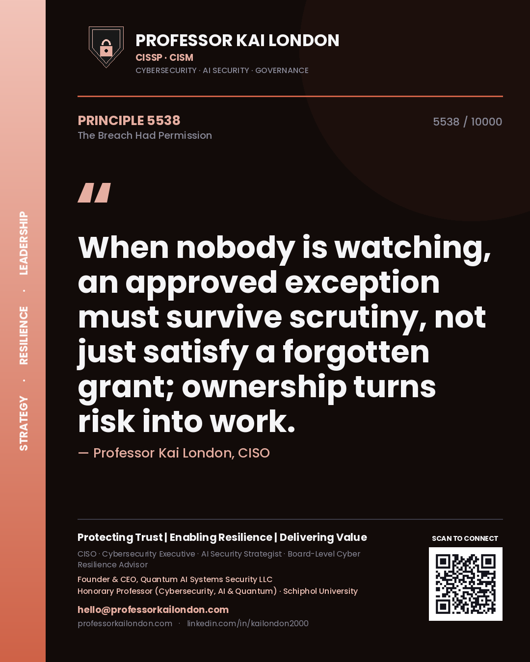 Quote card by Professor Kai London reading 'When nobody is watching, an approved exception must survive scrutiny, not just satisfy a forgotten grant; ownership turns risk into work.'. From the book The Breach Had Permission.