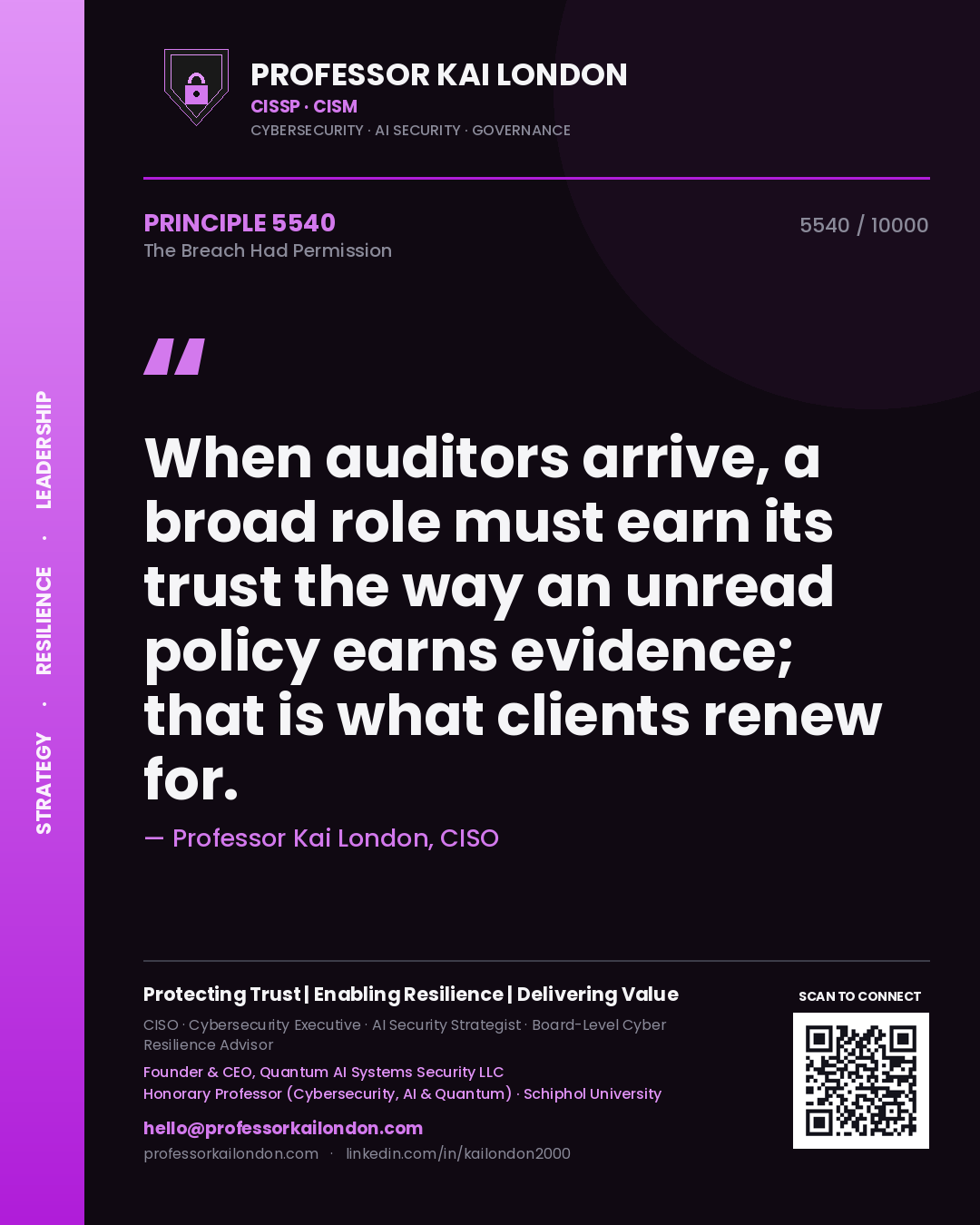 Professor Kai London principle 5540: When auditors arrive, a broad role must earn its trust the way an unread policy earns evidence; that is what clients renew for.