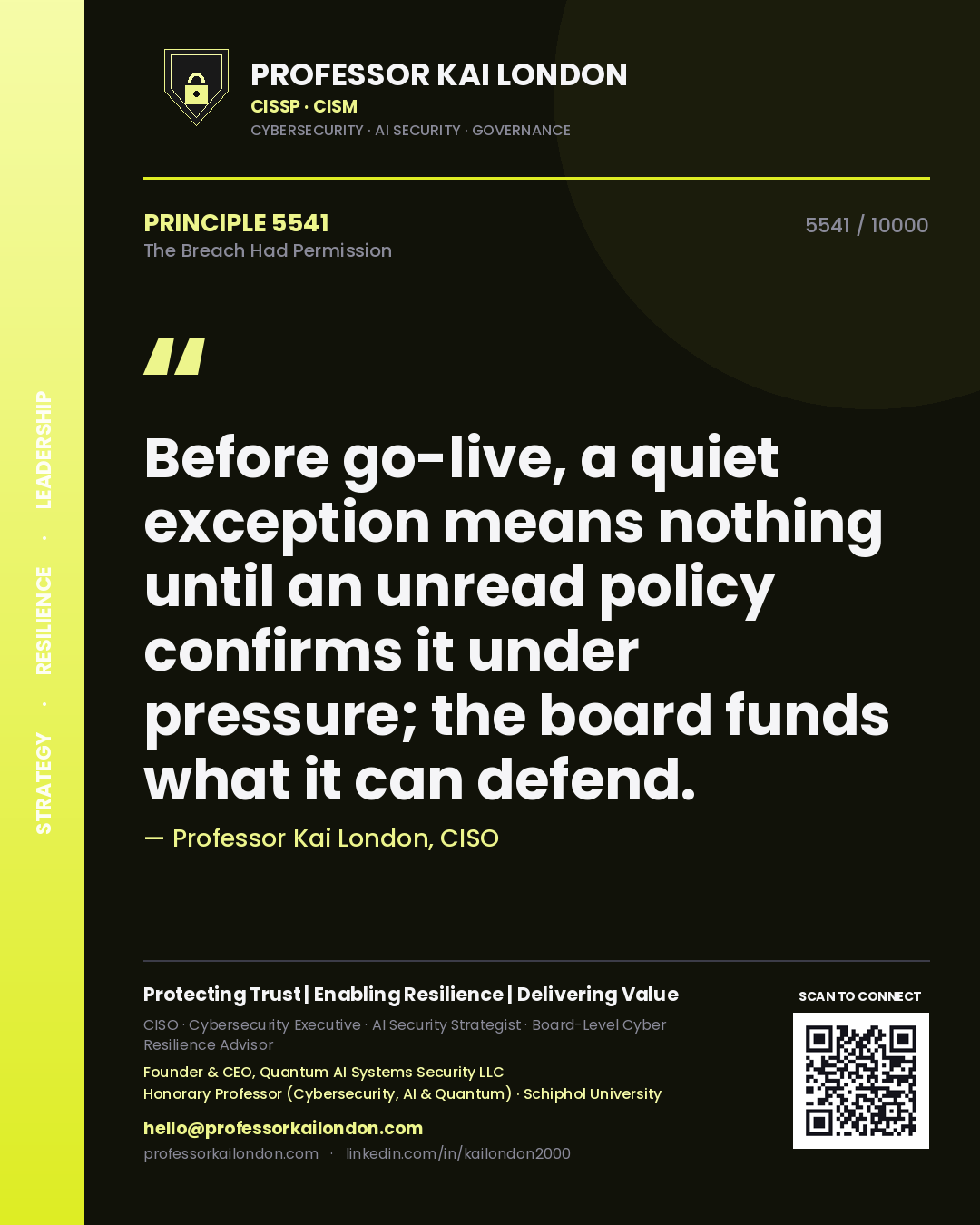 Professor Kai London principle 5541: Before go-live, a quiet exception means nothing until an unread policy confirms it under pressure; the board funds what it can defend.