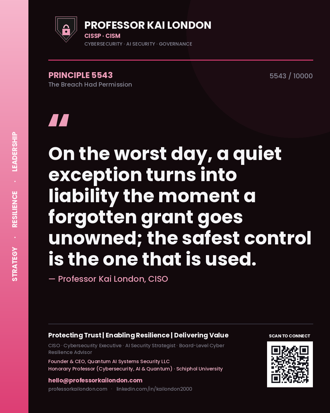 Professor Kai London principle 5543: On the worst day, a quiet exception turns into liability the moment a forgotten grant goes unowned; the safest control is the one that is used.