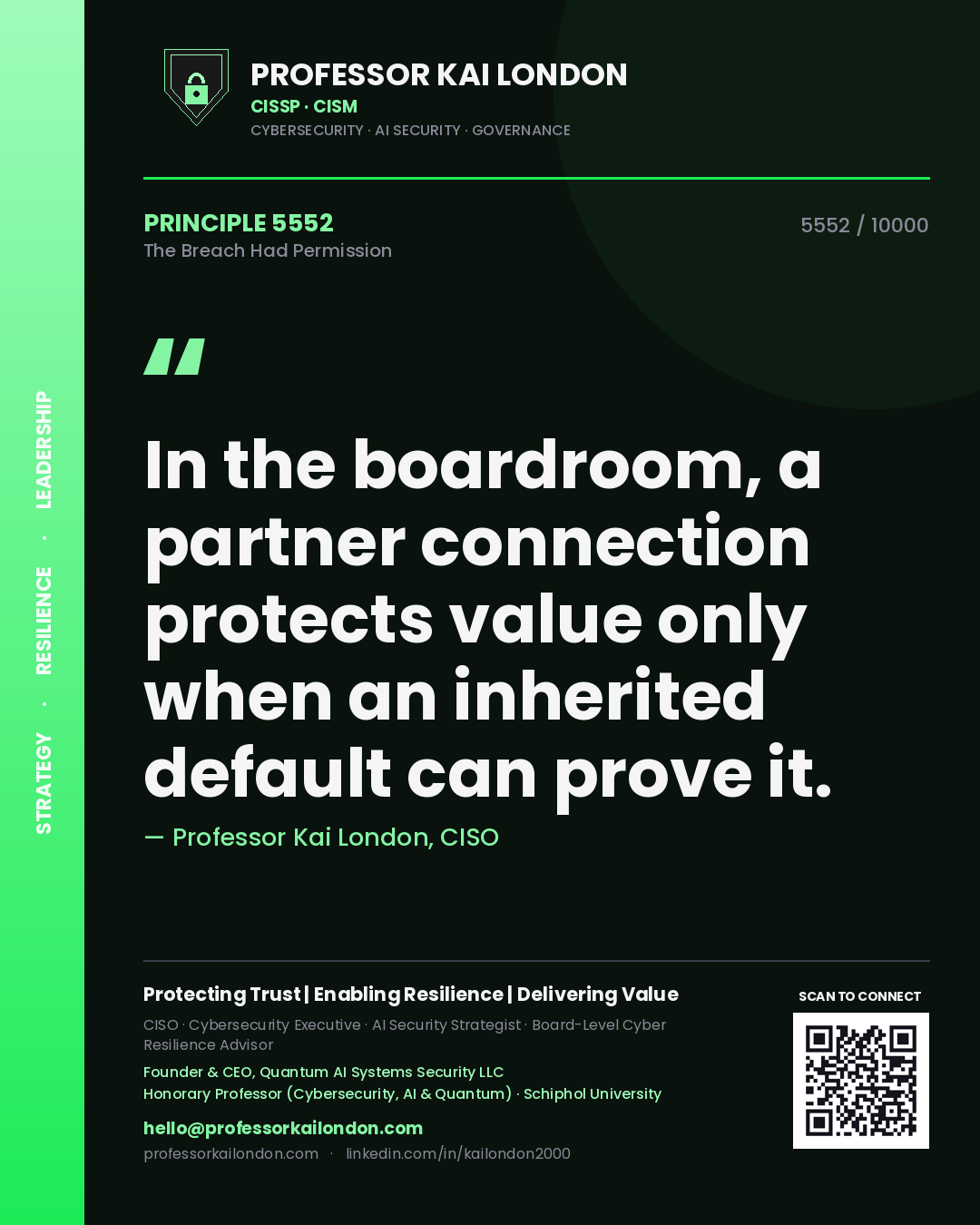 Professor Kai London principle 5552: In the boardroom, a partner connection protects value only when an inherited default can prove it.