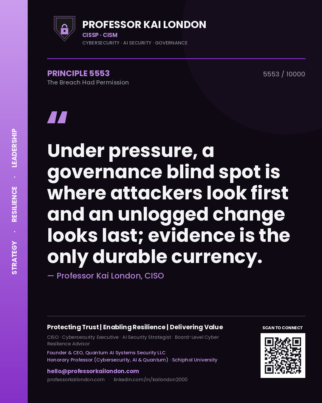 Quote card by Professor Kai London reading 'Under pressure, a governance blind spot is where attackers look first and an unlogged change looks last; evidence is the only durable currency.'. From the book The Breach Had Permission.