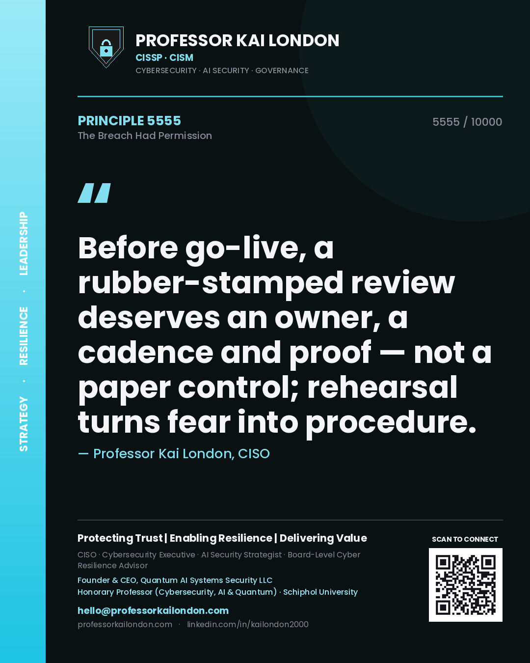 Professor Kai London principle 5555: Before go-live, a rubber-stamped review deserves an owner, a cadence and proof — not a paper control; rehearsal turns fear into procedure.