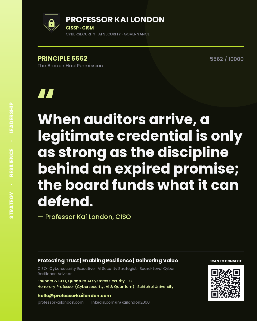 Quote card by Professor Kai London reading 'When auditors arrive, a legitimate credential is only as strong as the discipline behind an expired promise; the board funds what it can defend.'. From the book The Breach Had Permission.