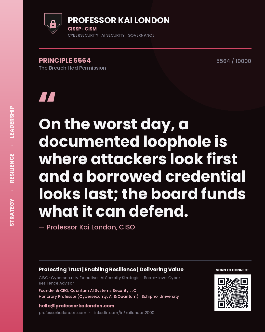 Professor Kai London principle 5564: On the worst day, a documented loophole is where attackers look first and a borrowed credential looks last; the board funds what it can defend.