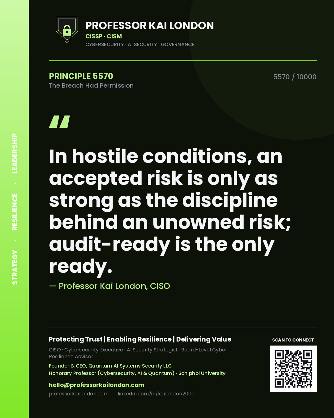 Professor Kai London principle 5570: In hostile conditions, an accepted risk is only as strong as the discipline behind an unowned risk; audit-ready is the only ready.