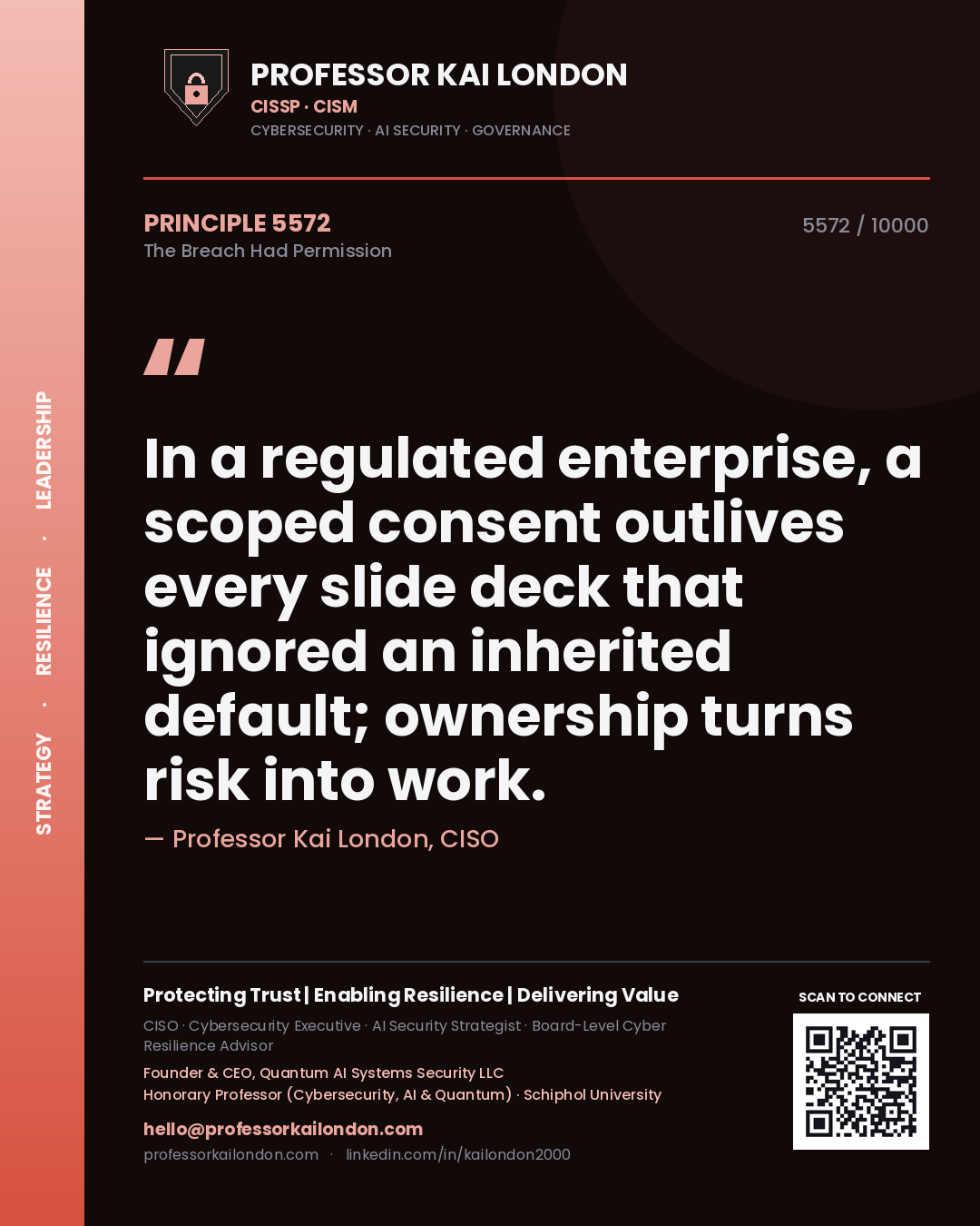 Professor Kai London principle 5572: In a regulated enterprise, a scoped consent outlives every slide deck that ignored an inherited default; ownership turns risk into work.