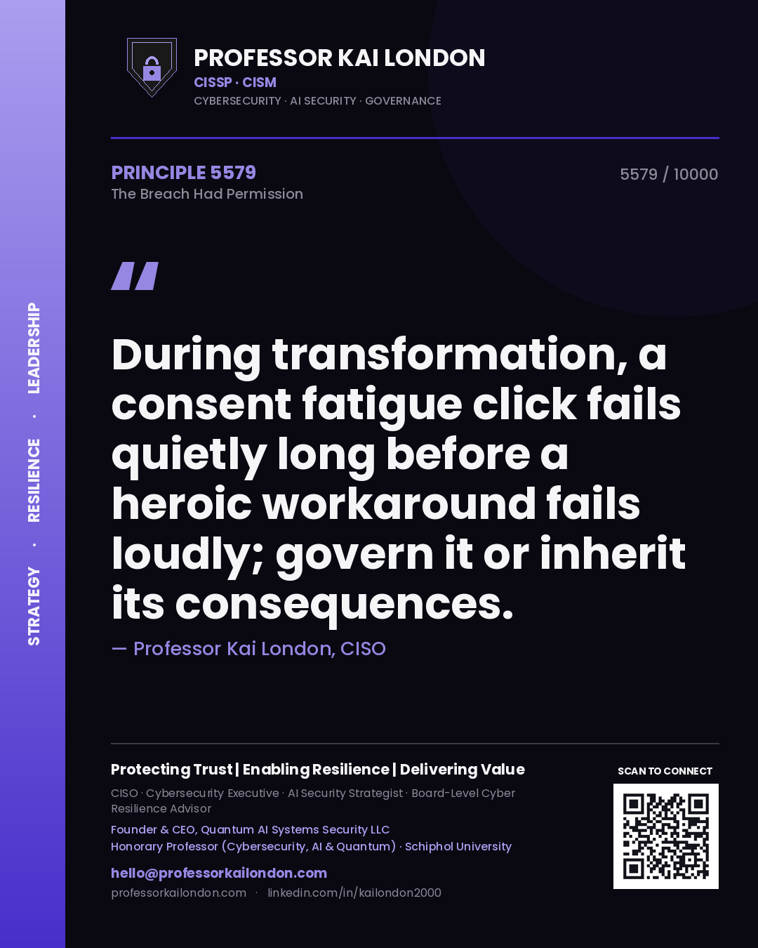 Professor Kai London principle 5579: During transformation, a consent fatigue click fails quietly long before a heroic workaround fails loudly; govern it or inherit its consequences.