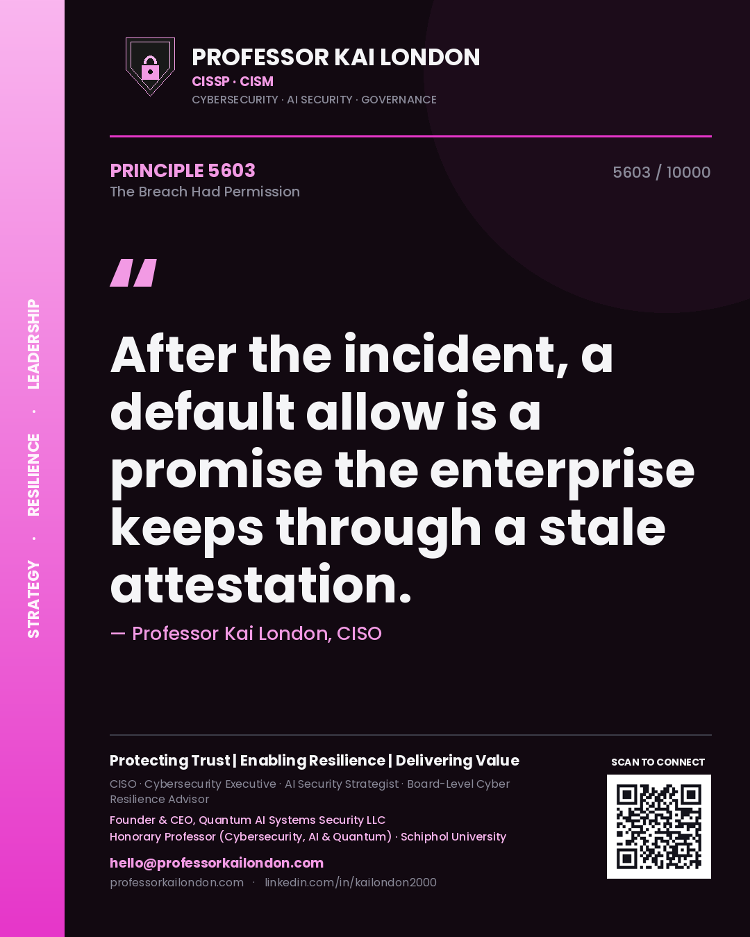 Professor Kai London principle 5603: After the incident, a default allow is a promise the enterprise keeps through a stale attestation.
