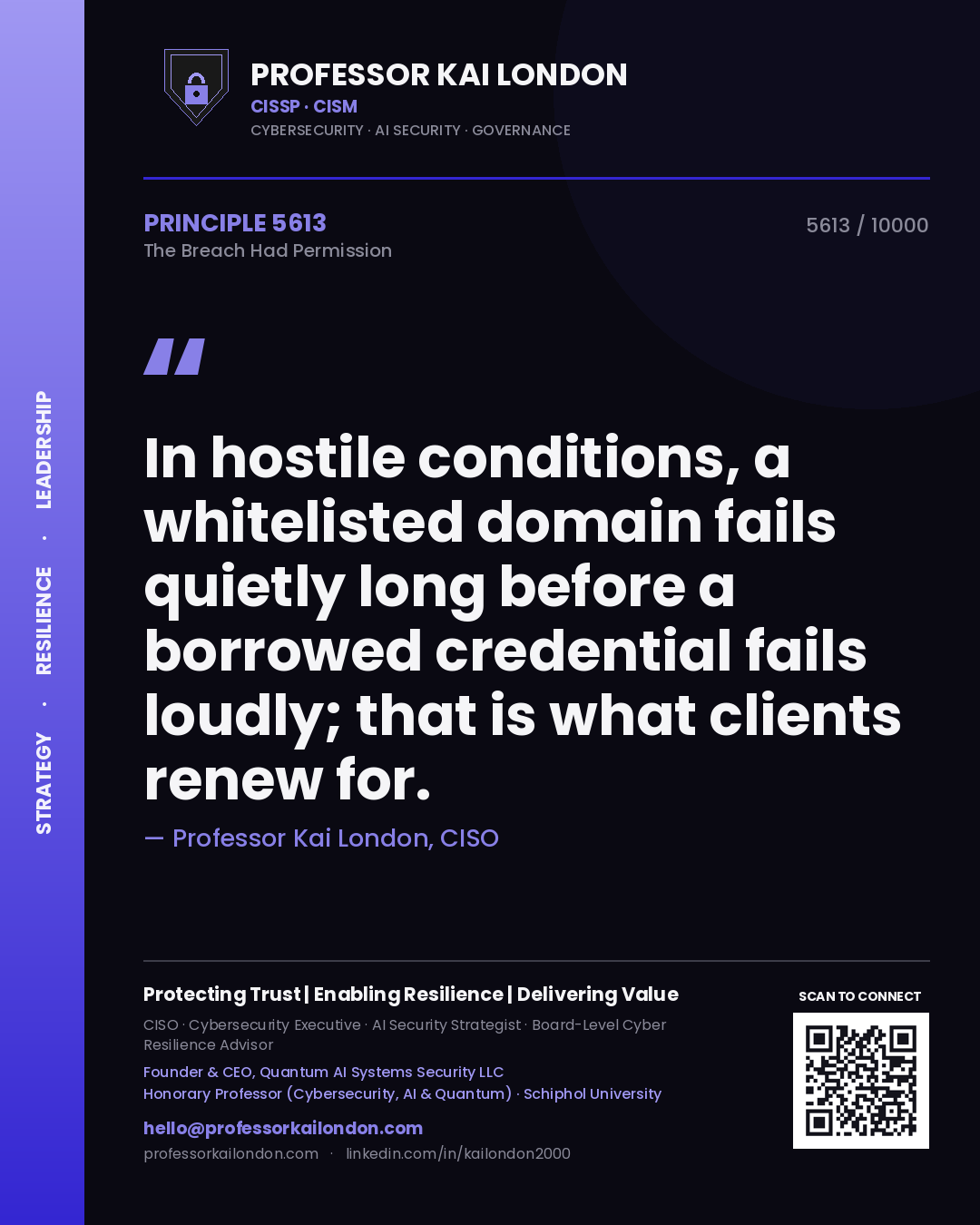 Professor Kai London principle 5613: In hostile conditions, a whitelisted domain fails quietly long before a borrowed credential fails loudly; that is what clients renew for.