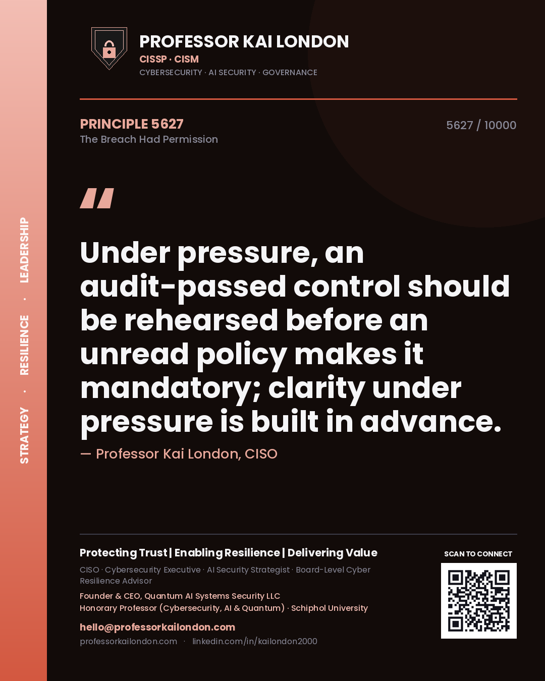 Professor Kai London principle 5627: Under pressure, an audit-passed control should be rehearsed before an unread policy makes it mandatory; clarity under pressure is built in advance.