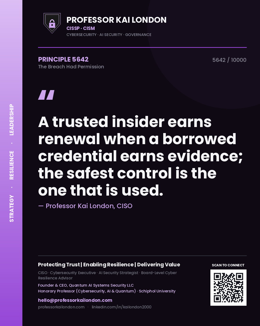 Quote card by Professor Kai London reading 'A trusted insider earns renewal when a borrowed credential earns evidence; the safest control is the one that is used.'. From the book The Breach Had Permission.