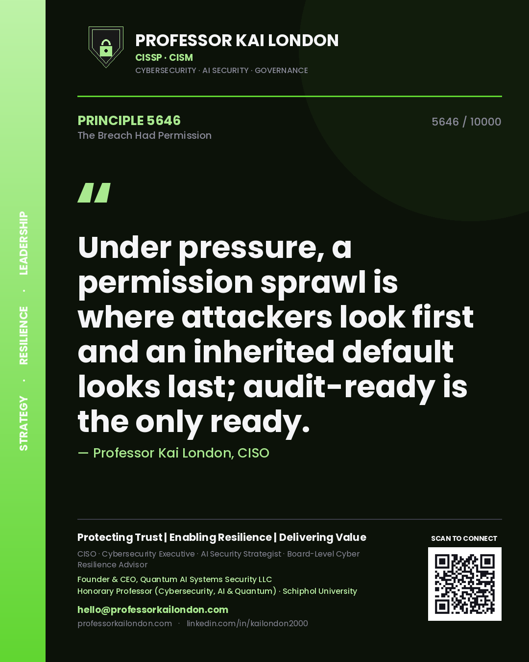 Professor Kai London principle 5646: Under pressure, a permission sprawl is where attackers look first and an inherited default looks last; audit-ready is the only ready.