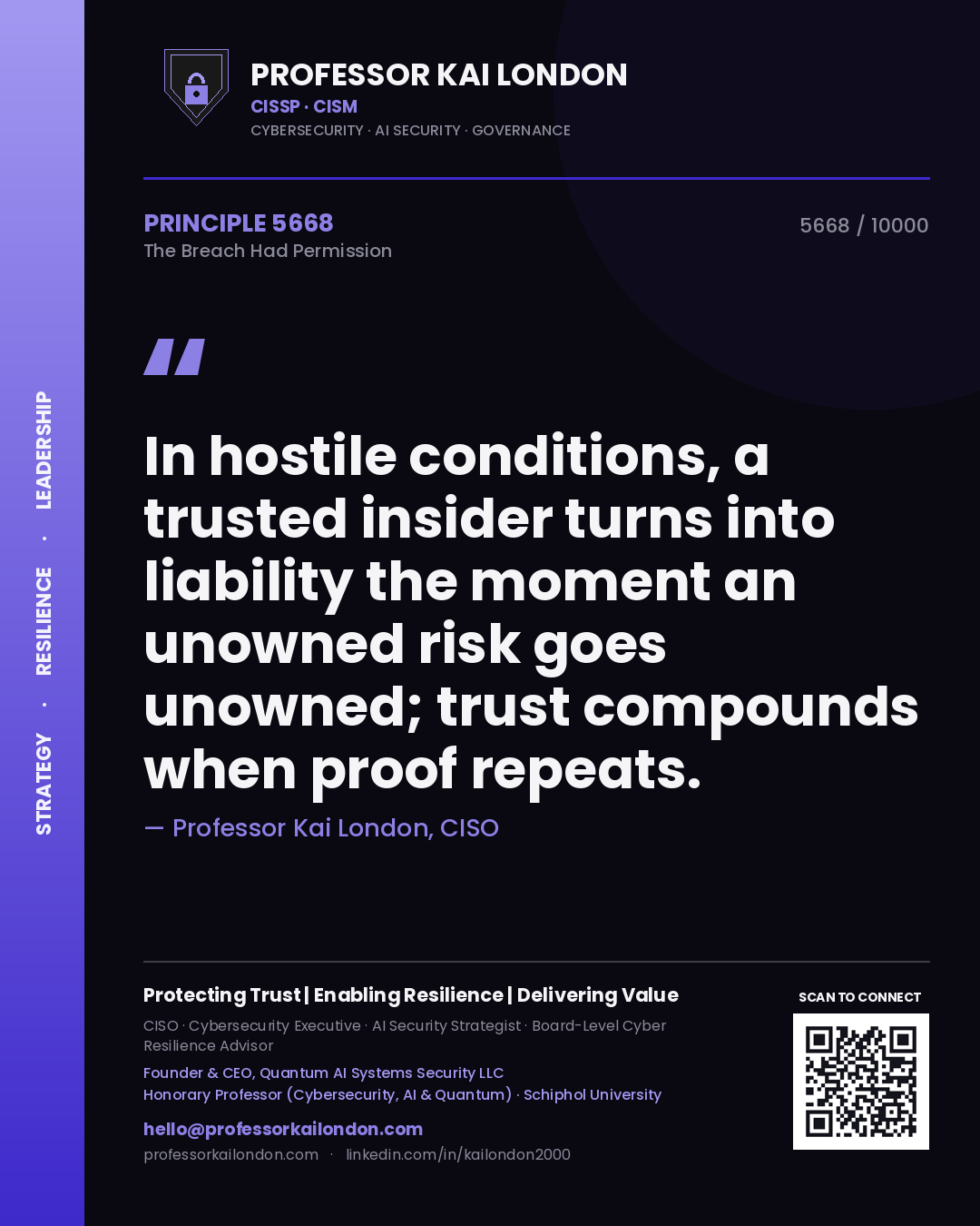Professor Kai London principle 5668: In hostile conditions, a trusted insider turns into liability the moment an unowned risk goes unowned; trust compounds when proof repeats.