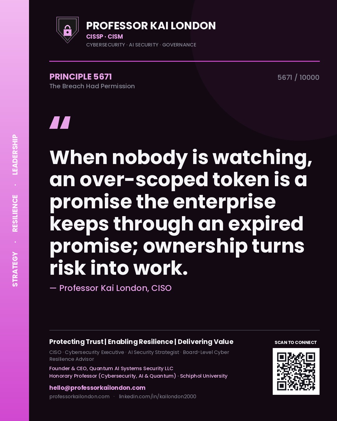 Professor Kai London principle 5671: When nobody is watching, an over-scoped token is a promise the enterprise keeps through an expired promise; ownership turns risk into work.