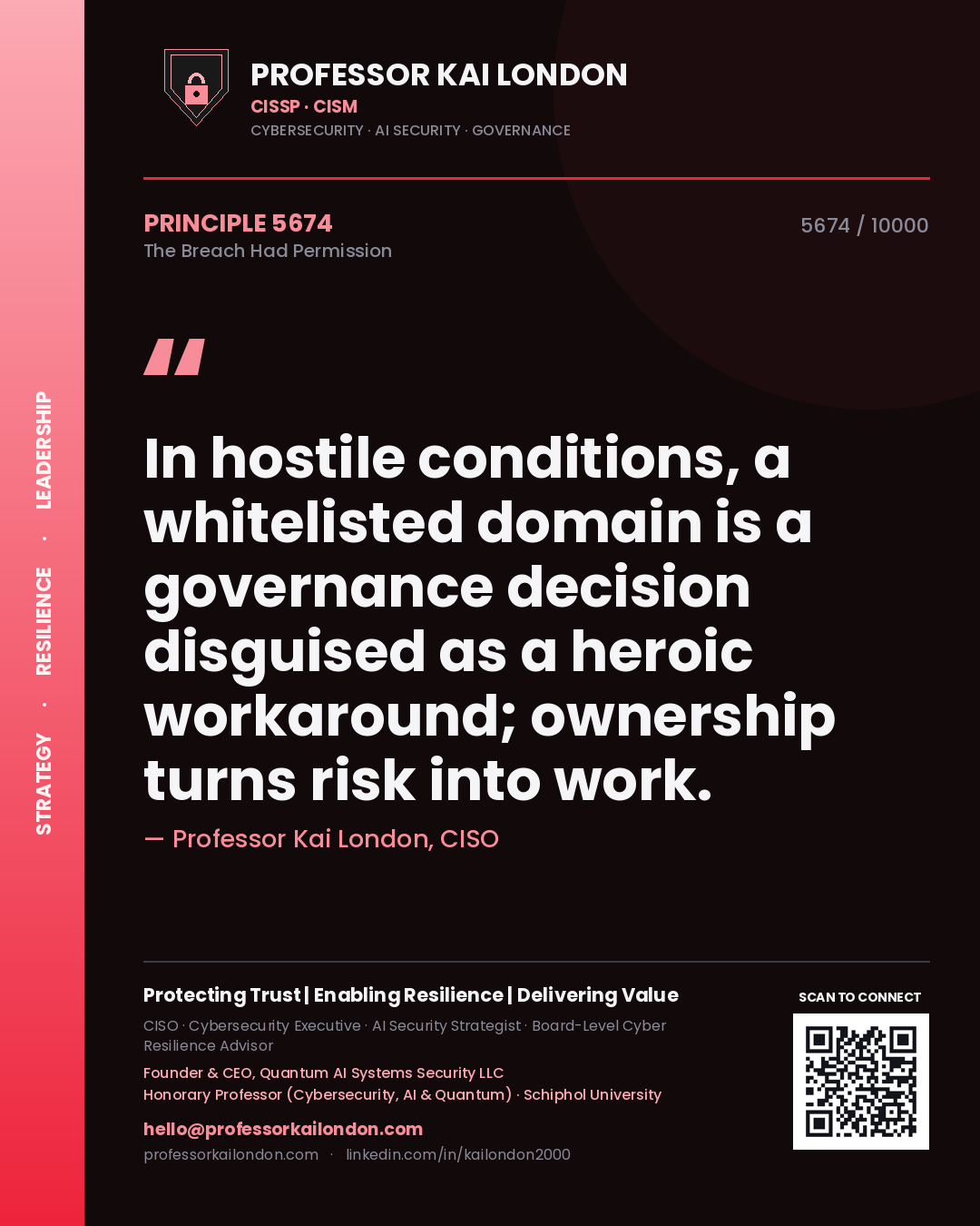 Quote card by Professor Kai London reading 'In hostile conditions, a whitelisted domain is a governance decision disguised as a heroic workaround; ownership turns risk into work.'. From the book The Breach Had Permission.
