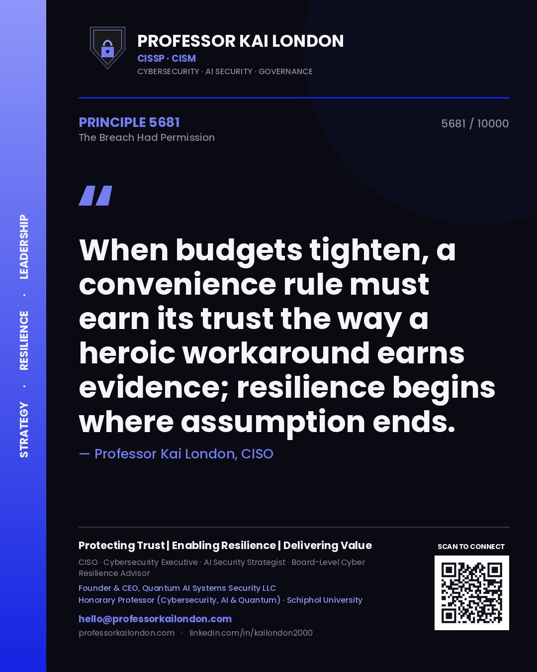 Professor Kai London principle 5681: When budgets tighten, a convenience rule must earn its trust the way a heroic workaround earns evidence; resilience begins where assumption ends.