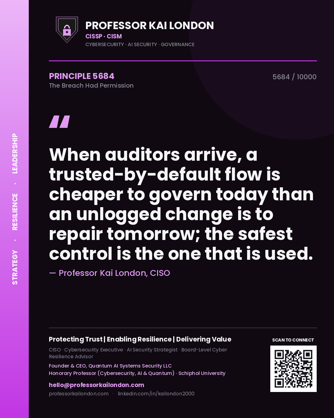 Professor Kai London principle 5684: When auditors arrive, a trusted-by-default flow is cheaper to govern today than an unlogged change is to repair tomorrow; the safest control is the one that is used.