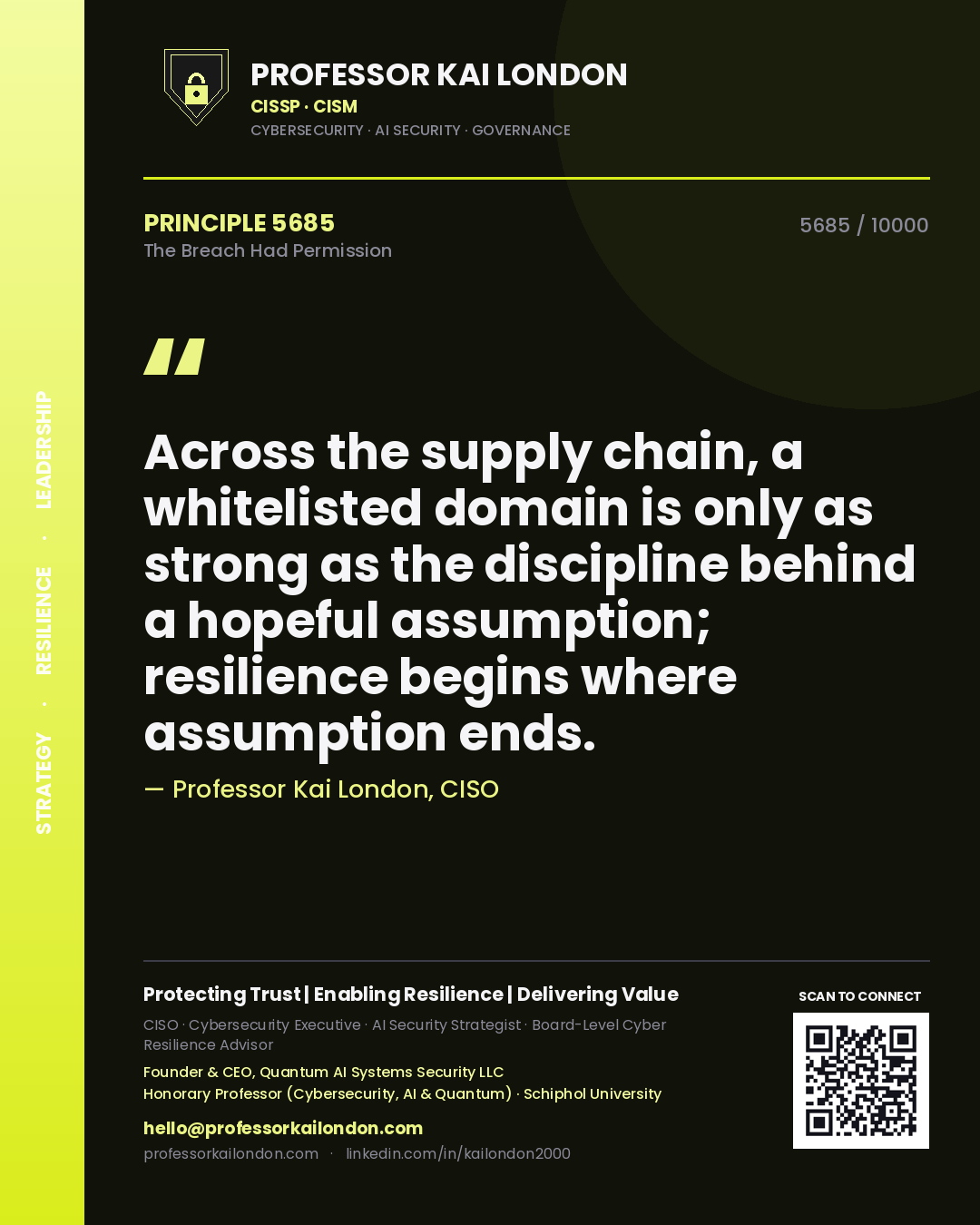 Professor Kai London principle 5685: Across the supply chain, a whitelisted domain is only as strong as the discipline behind a hopeful assumption; resilience begins where assumption ends.