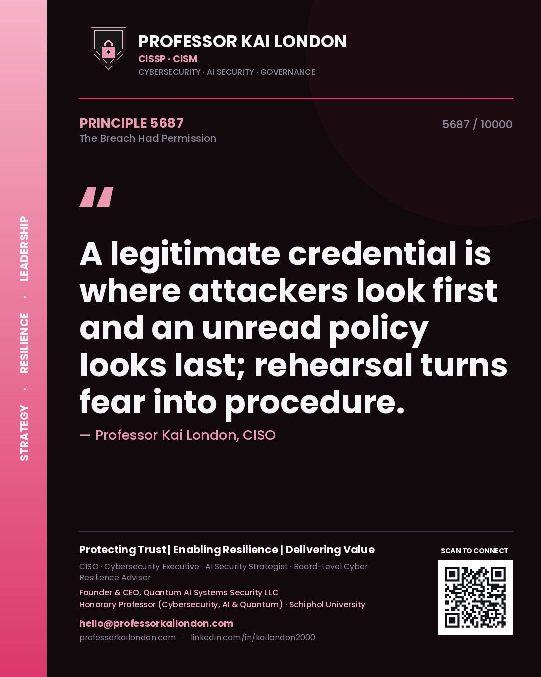 Professor Kai London principle 5687: A legitimate credential is where attackers look first and an unread policy looks last; rehearsal turns fear into procedure.