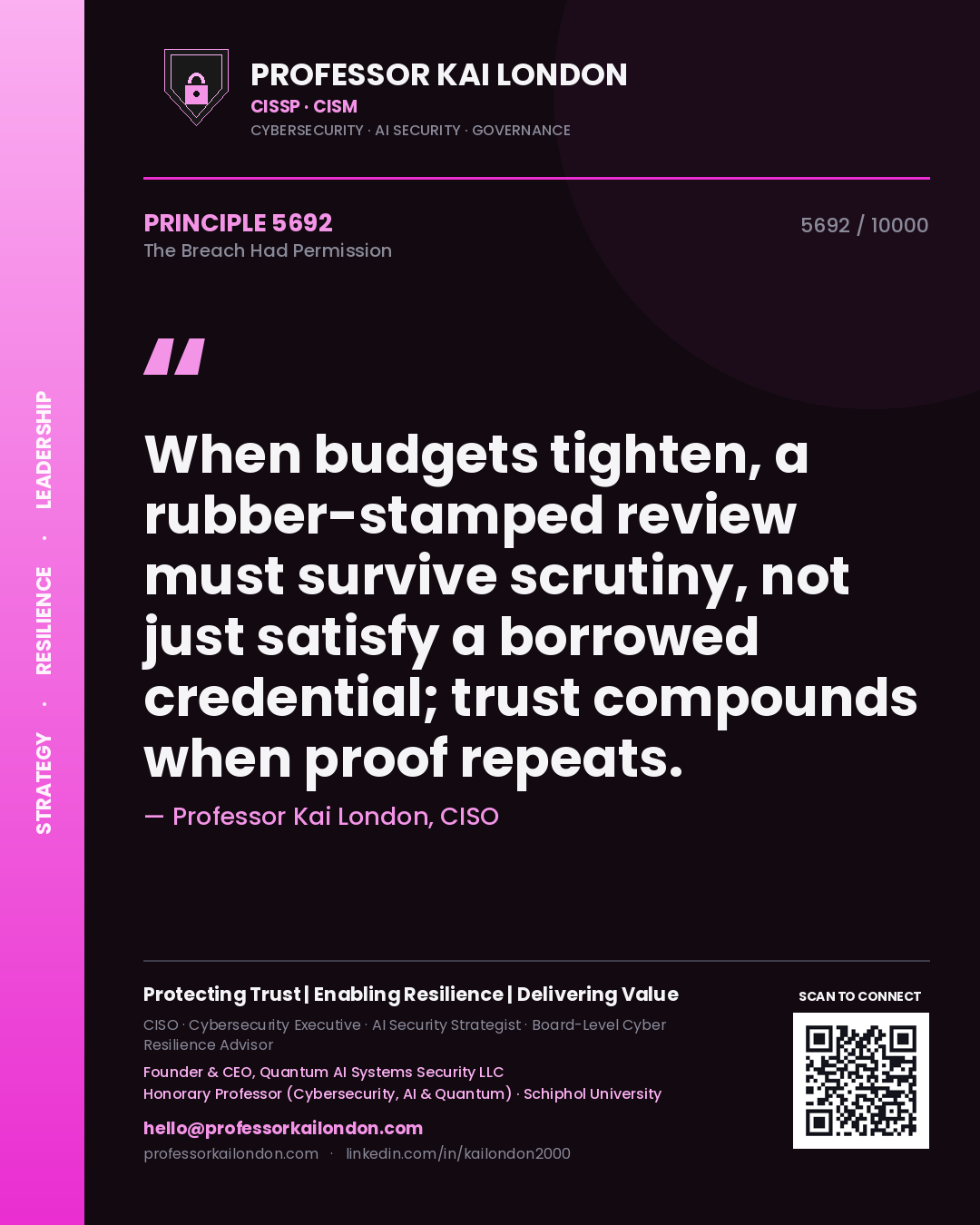 Professor Kai London principle 5692: When budgets tighten, a rubber-stamped review must survive scrutiny, not just satisfy a borrowed credential; trust compounds when proof repeats.