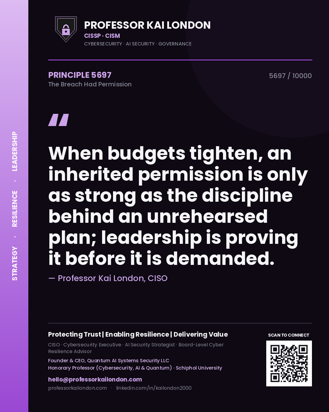 Quote card by Professor Kai London reading 'When budgets tighten, an inherited permission is only as strong as the discipline behind an unrehearsed plan; leadership is proving it before it is demanded.'. From the book The Breach Had Permission.