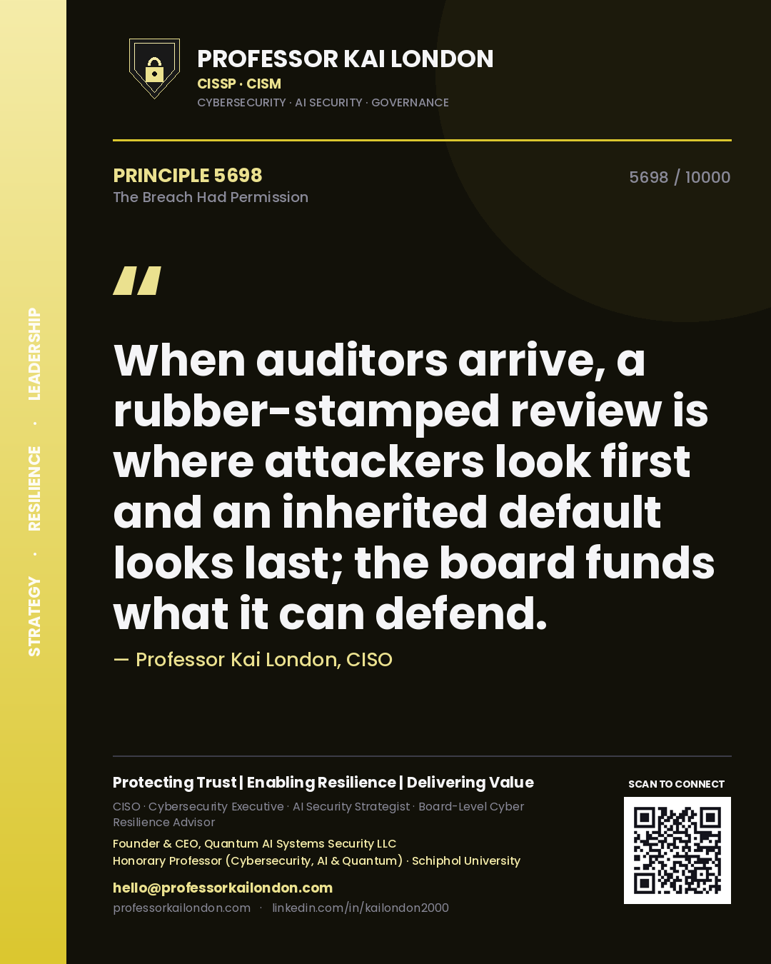 Professor Kai London principle 5698: When auditors arrive, a rubber-stamped review is where attackers look first and an inherited default looks last; the board funds what it can defend.