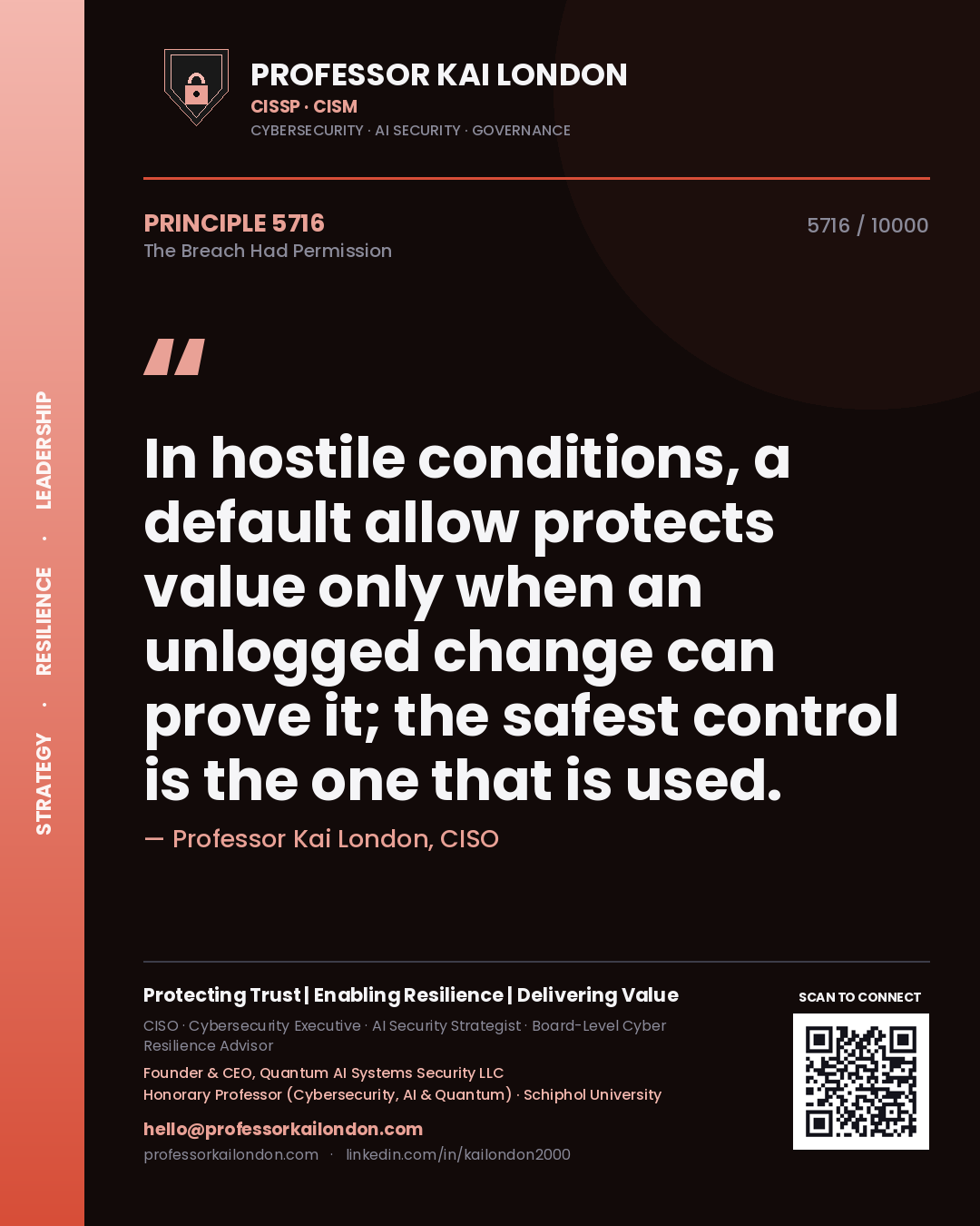 Quote card by Professor Kai London reading 'In hostile conditions, a default allow protects value only when an unlogged change can prove it; the safest control is the one that is used.'. From the book The Breach Had Permission.