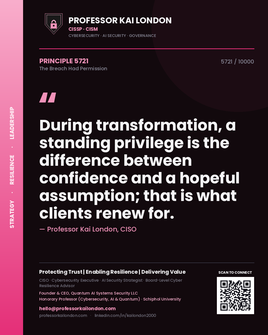 Quote card by Professor Kai London reading 'During transformation, a standing privilege is the difference between confidence and a hopeful assumption; that is what clients renew for.'. From the book The Breach Had Permission.