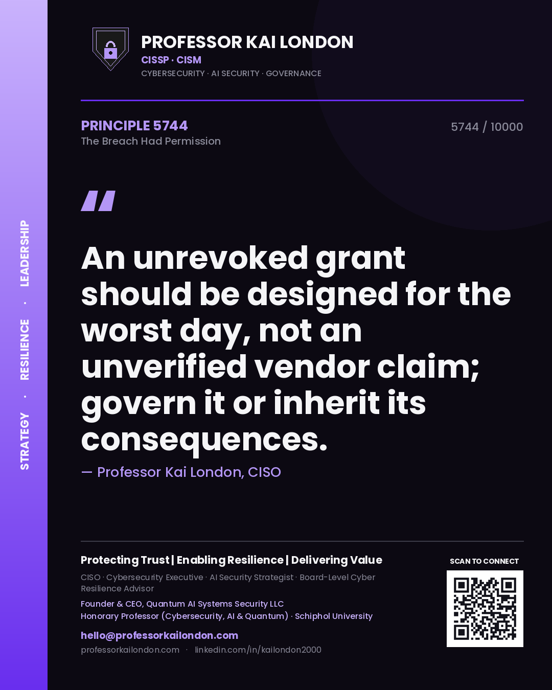 Professor Kai London principle 5744: An unrevoked grant should be designed for the worst day, not an unverified vendor claim; govern it or inherit its consequences.