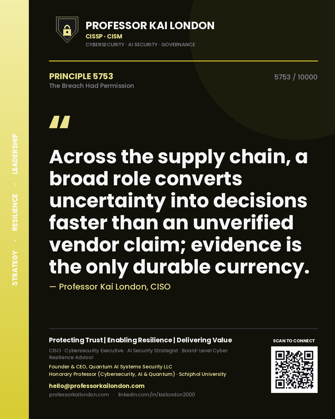 Professor Kai London principle 5753: Across the supply chain, a broad role converts uncertainty into decisions faster than an unverified vendor claim; evidence is the only durable currency.