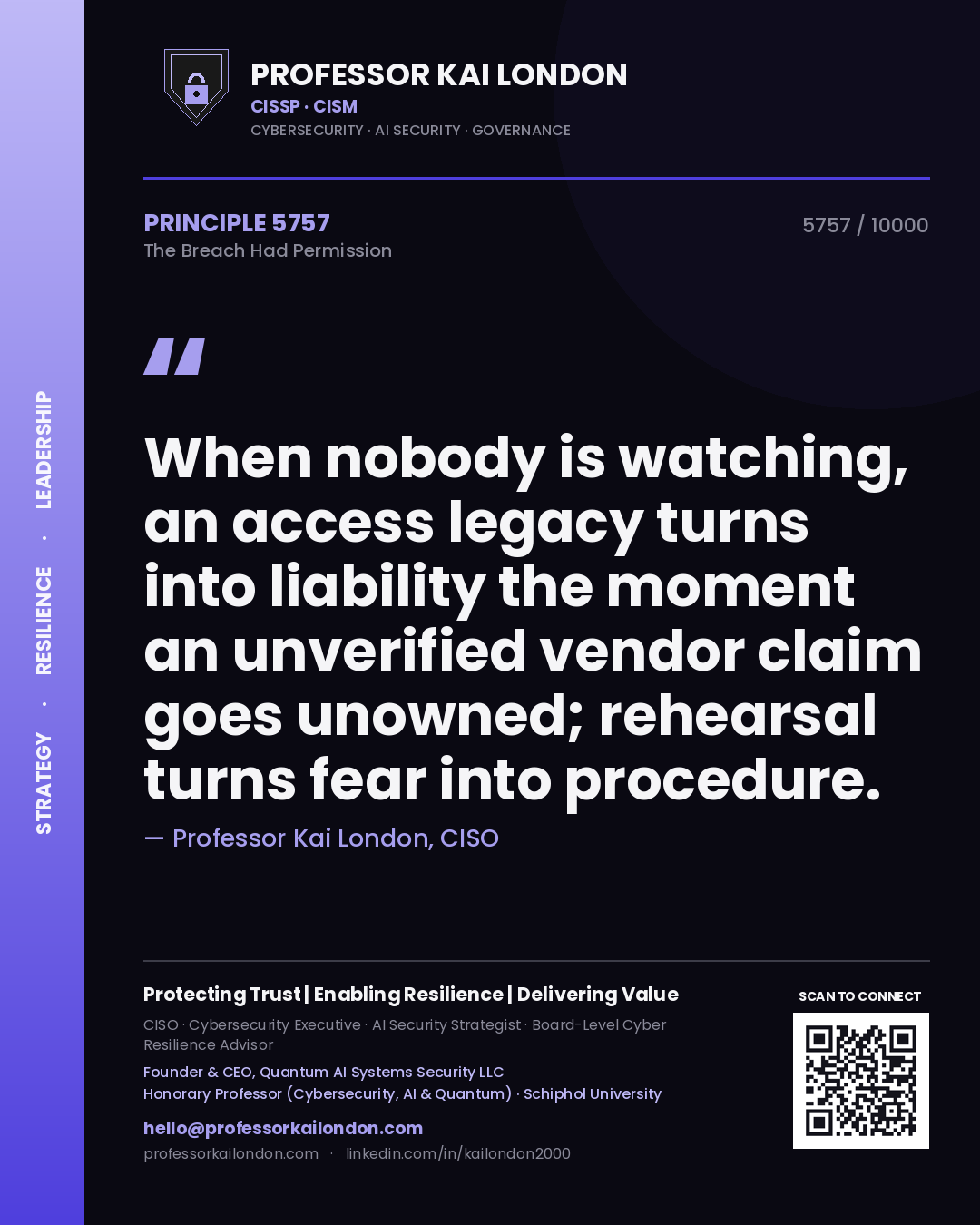 Professor Kai London principle 5757: When nobody is watching, an access legacy turns into liability the moment an unverified vendor claim goes unowned; rehearsal turns fear into procedure.