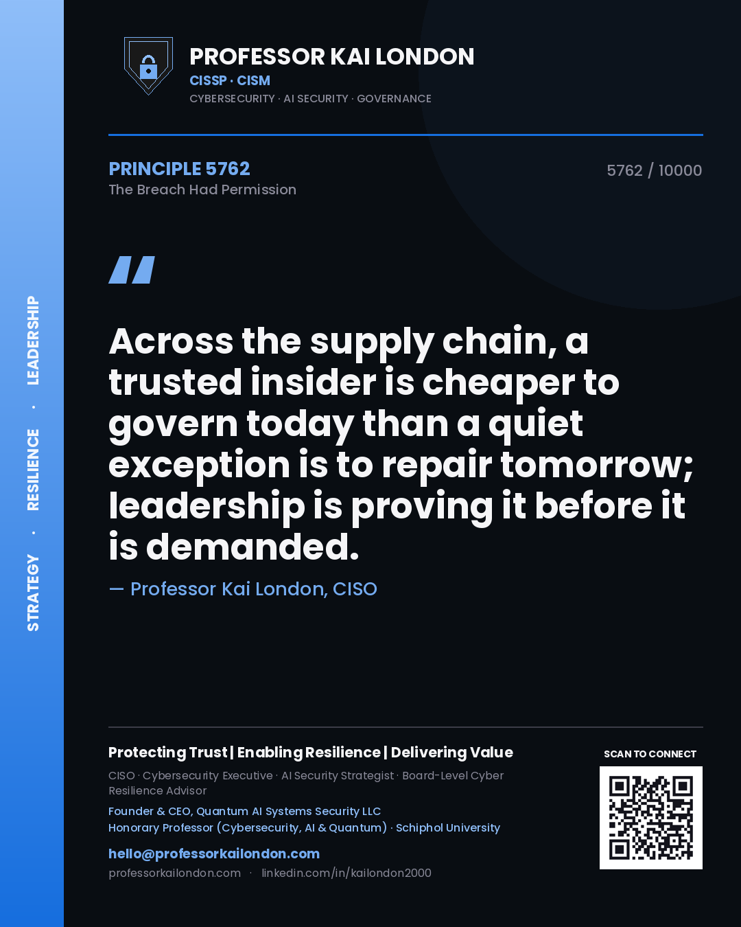 Quote card by Professor Kai London reading 'Across the supply chain, a trusted insider is cheaper to govern today than a quiet exception is to repair tomorrow; leadership is proving it before it is demanded.'. From the book The Breach Had Permission.