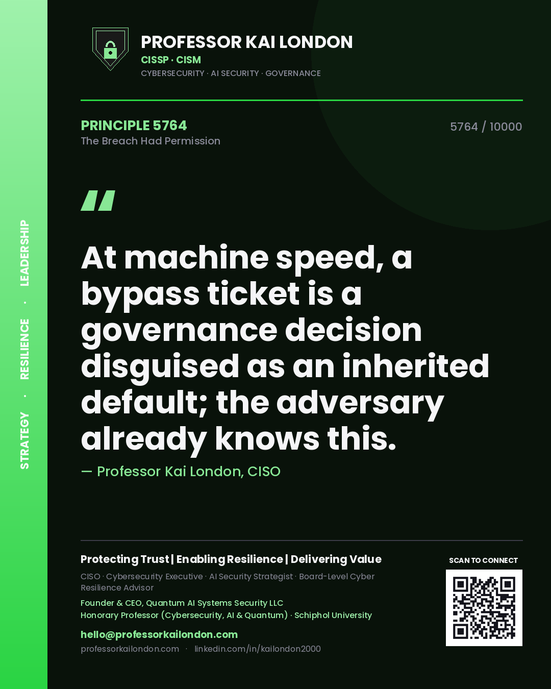 Professor Kai London principle 5764: At machine speed, a bypass ticket is a governance decision disguised as an inherited default; the adversary already knows this.