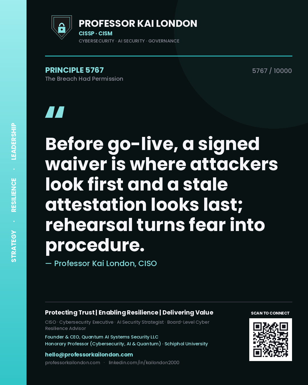 Quote card by Professor Kai London reading 'Before go-live, a signed waiver is where attackers look first and a stale attestation looks last; rehearsal turns fear into procedure.'. From the book The Breach Had Permission.