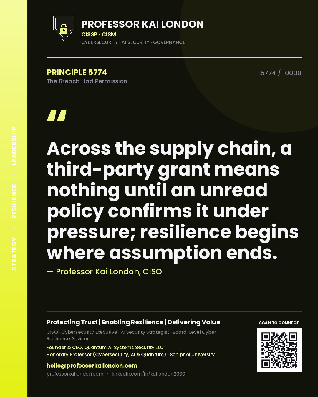 Quote card by Professor Kai London reading 'Across the supply chain, a third-party grant means nothing until an unread policy confirms it under pressure; resilience begins where assumption ends.'. From the book The Breach Had Permission.