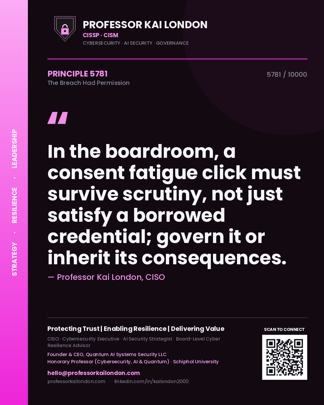 Quote card by Professor Kai London reading 'In the boardroom, a consent fatigue click must survive scrutiny, not just satisfy a borrowed credential; govern it or inherit its consequences.'. From the book The Breach Had Permission.