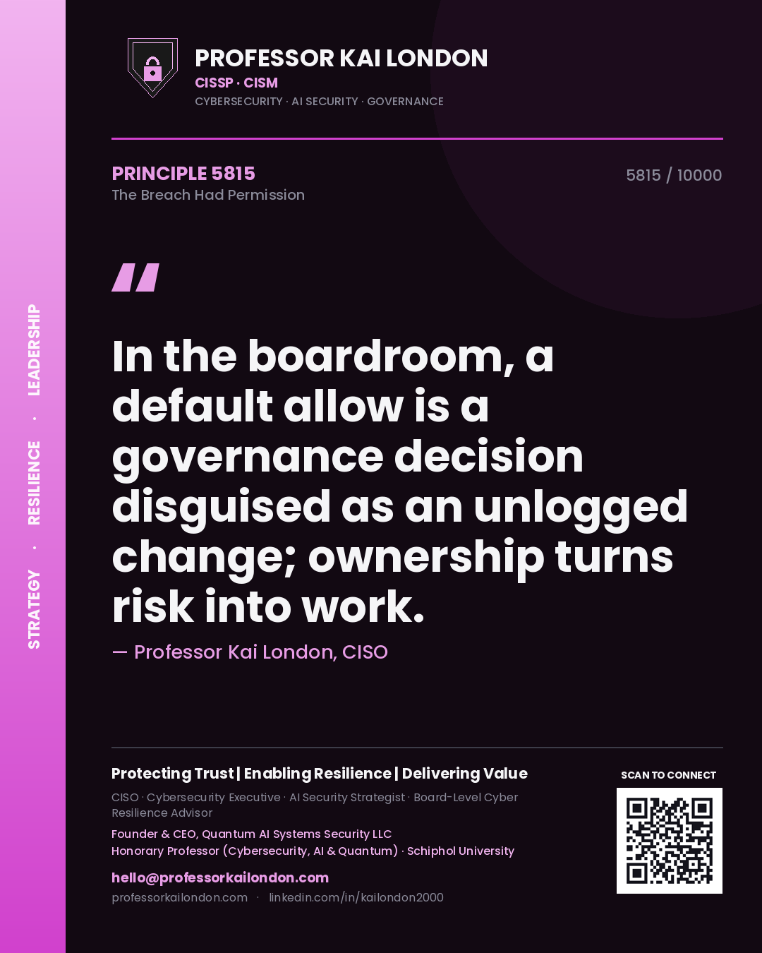 Quote card by Professor Kai London reading 'In the boardroom, a default allow is a governance decision disguised as an unlogged change; ownership turns risk into work.'. From the book The Breach Had Permission.