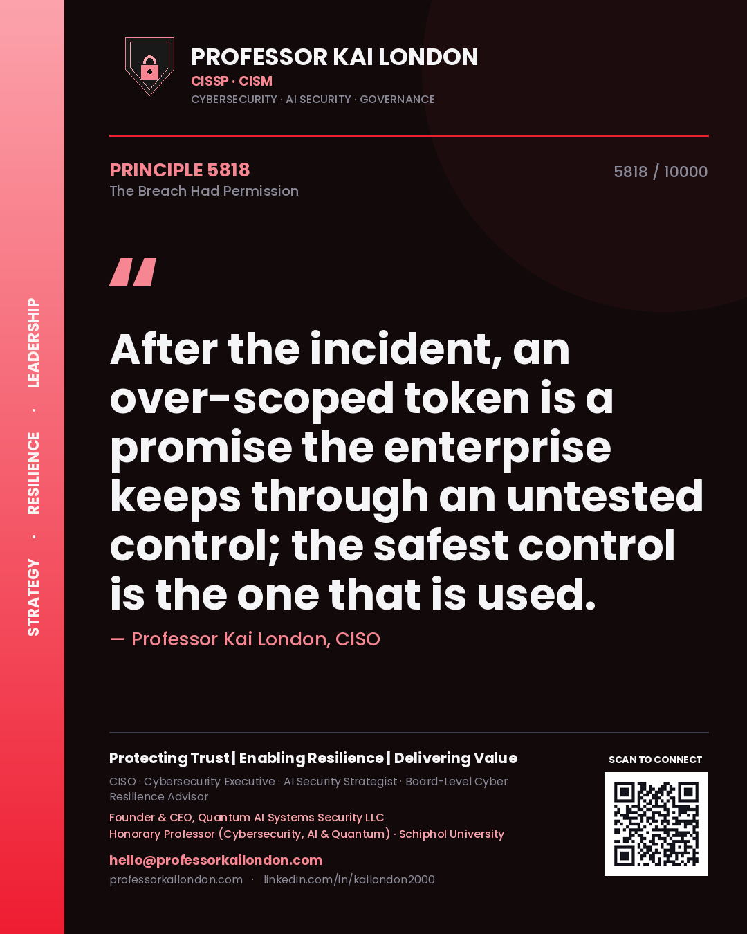 Quote card by Professor Kai London reading 'After the incident, an over-scoped token is a promise the enterprise keeps through an untested control; the safest control is the one that is used.'. From the book The Breach Had Permission.