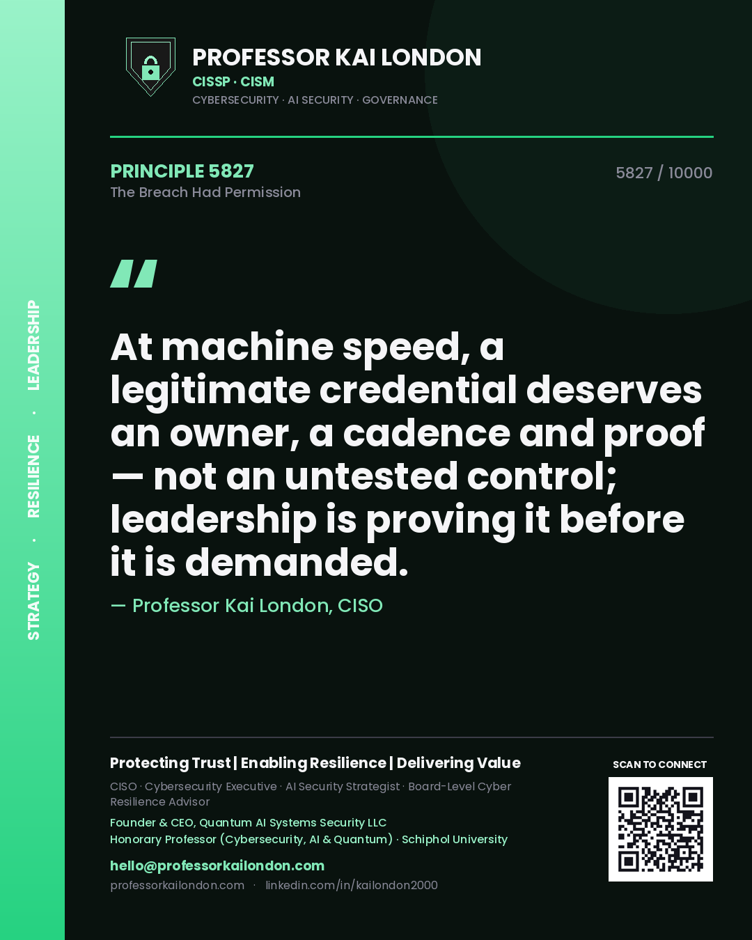 Quote card by Professor Kai London reading 'At machine speed, a legitimate credential deserves an owner, a cadence and proof — not an untested control; leadership is proving it before it is demanded.'. From the book The Breach Had Permission.