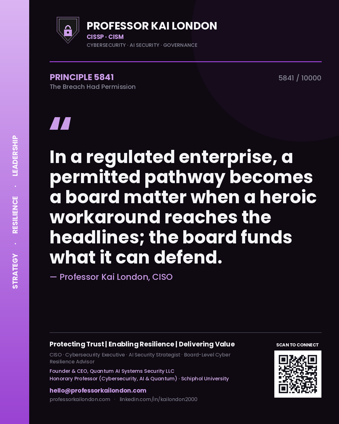 Quote card by Professor Kai London reading 'In a regulated enterprise, a permitted pathway becomes a board matter when a heroic workaround reaches the headlines; the board funds what it can defend.'. From the book The Breach Had Permission.