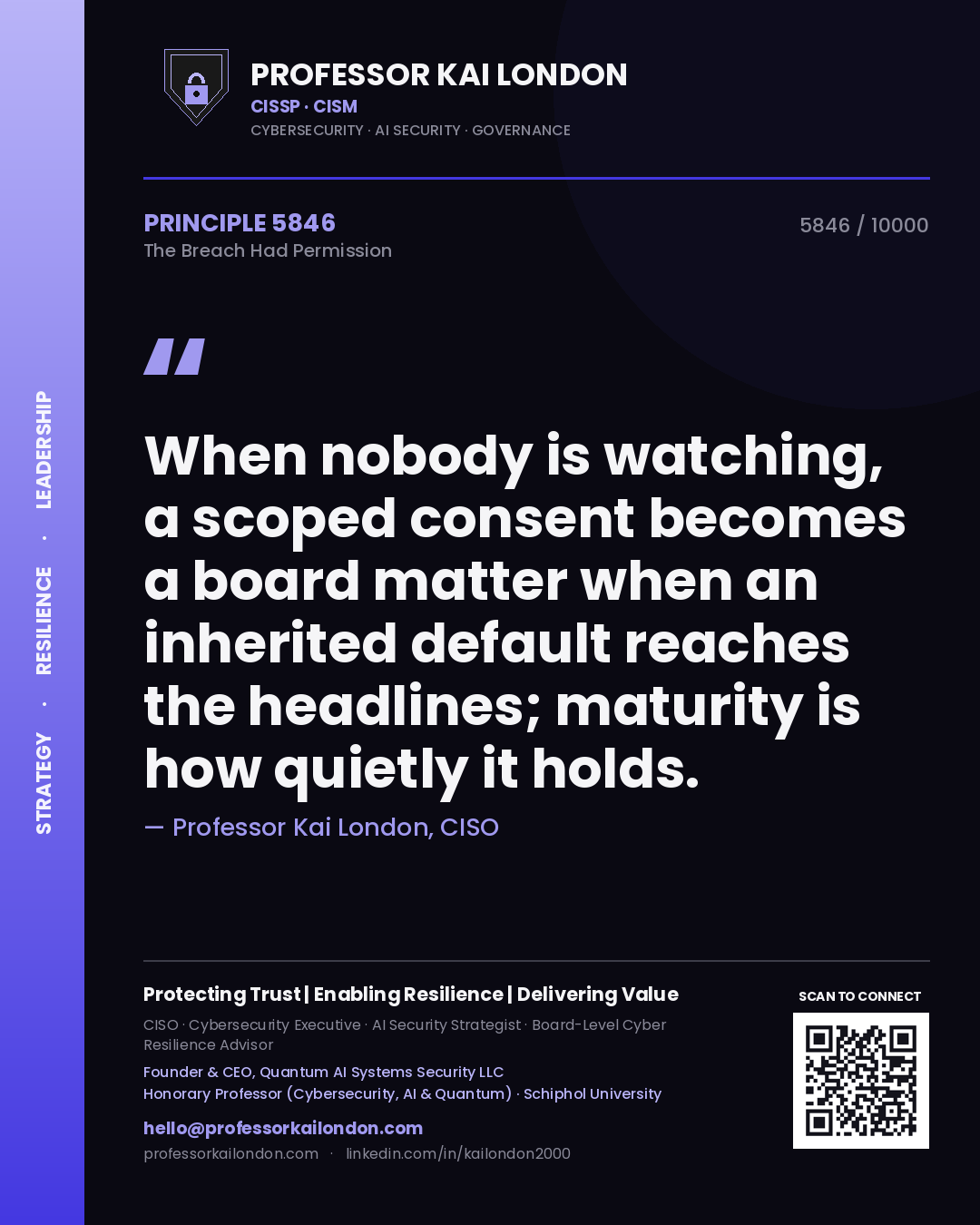 Professor Kai London principle 5846: When nobody is watching, a scoped consent becomes a board matter when an inherited default reaches the headlines; maturity is how quietly it holds.