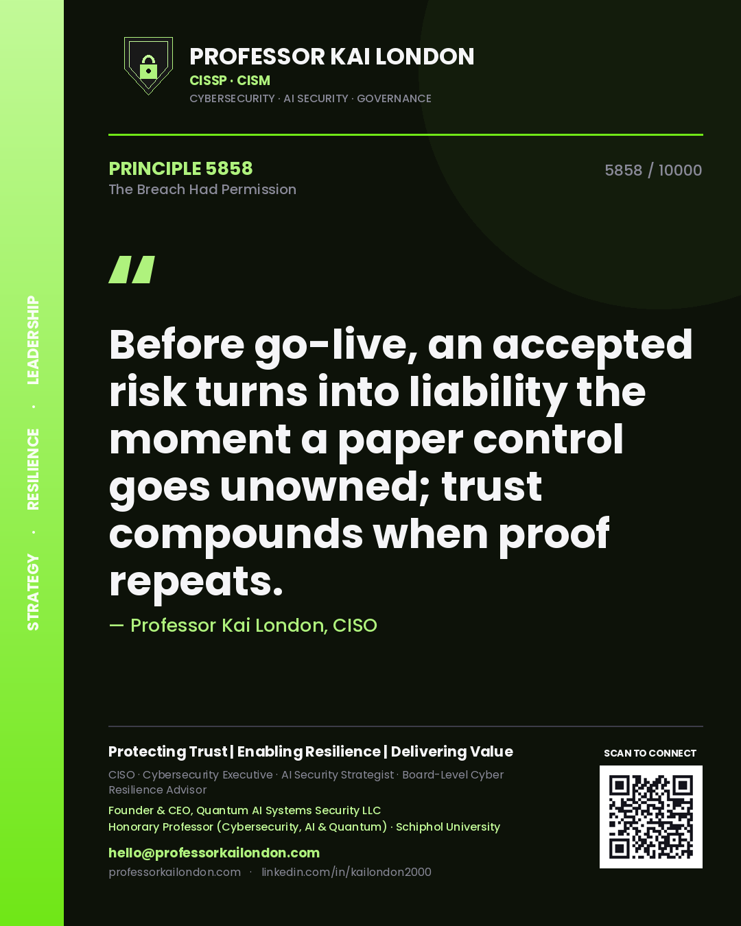 Quote card by Professor Kai London reading 'Before go-live, an accepted risk turns into liability the moment a paper control goes unowned; trust compounds when proof repeats.'. From the book The Breach Had Permission.