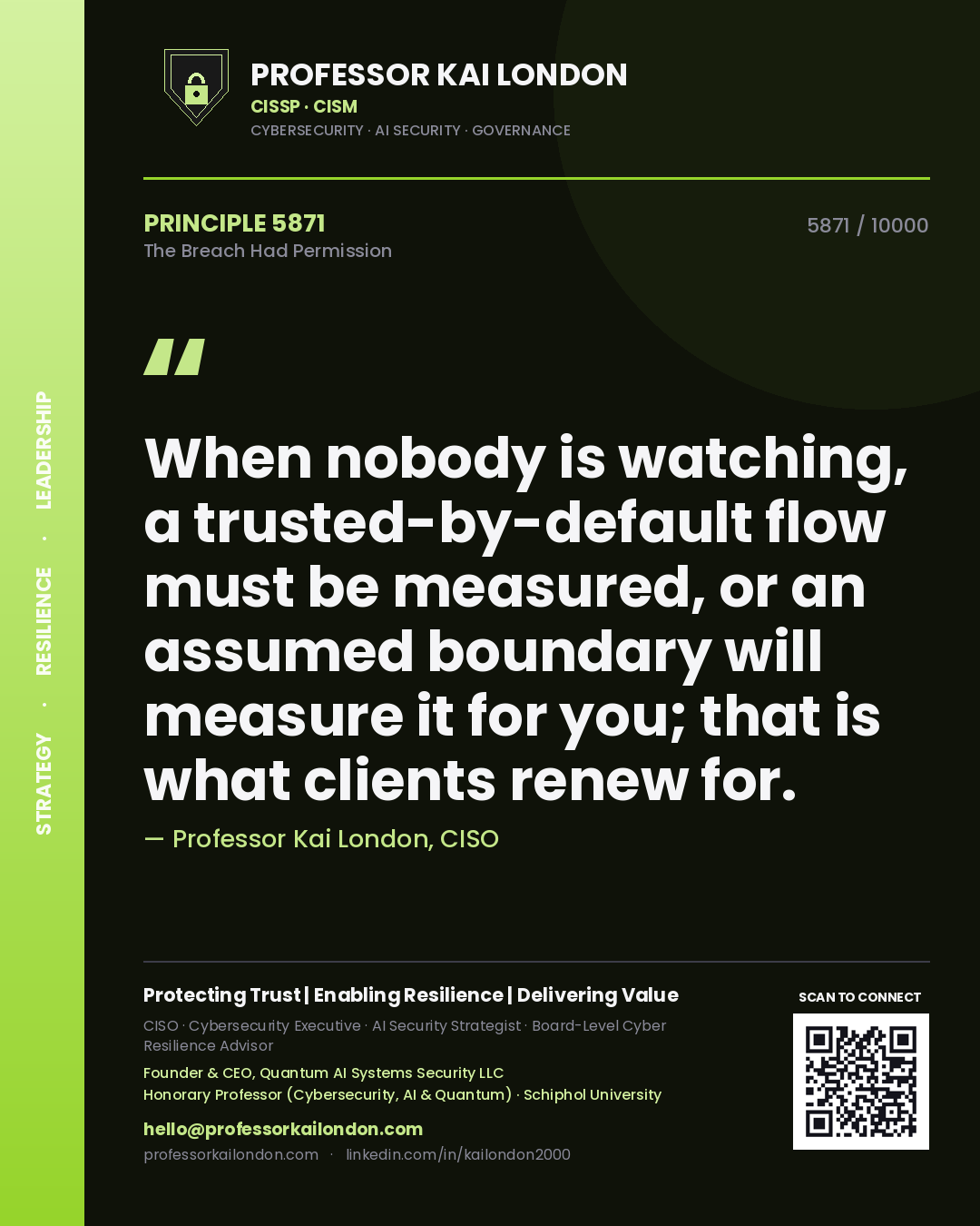 Professor Kai London principle 5871: When nobody is watching, a trusted-by-default flow must be measured, or an assumed boundary will measure it for you; that is what clients renew for.